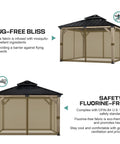 10x10 Ft Gazebo Mosquito Netting Replacement Four Panel Sidewalls With Two Way Zippers For Patio Backyard Deck And Lawn Netting Only Brown Durable 100 Percent Nylon Fabric For Outdoor Use, showing mosquito-repellent fabric description.