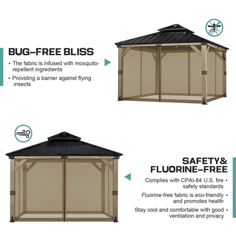 10x10 Ft Gazebo Mosquito Netting Replacement Four Panel Sidewalls With Two Way Zippers For Patio Backyard Deck And Lawn Netting Only Brown Durable 100 Percent Nylon Fabric For Outdoor Use, showing mosquito-repellent fabric description.