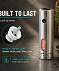 One Hand Press Electric Salt And Pepper Grinder Set With Charging Base Auto Seasoning Tool For Cooking Easy Use No Twisting Wrist Relief Cordless Rechargeable Kitchen Gadget with stainless steel finish and visible ceramic core.