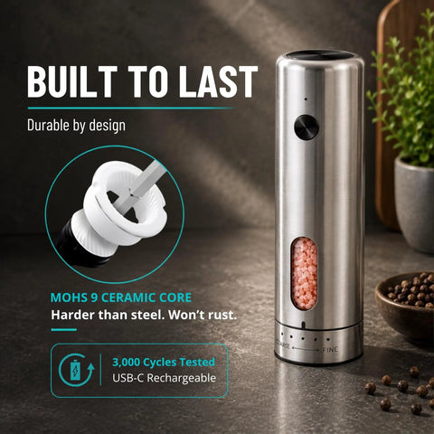 One Hand Press Electric Salt And Pepper Grinder Set With Charging Base Auto Seasoning Tool For Cooking Easy Use No Twisting Wrist Relief Cordless Rechargeable Kitchen Gadget with stainless steel finish and visible ceramic core.