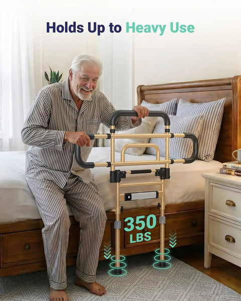 Must-Have 180-Degree Foldable Bed Rail For Seniors holding 350 lbs, shown in use by elderly man at bed side.