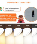 Meconard 6 Pack 3 Inch 5CCT LED Recessed Lighting, Canless Wafer Downlight color temperature options displayed on J-box.