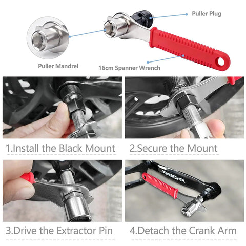 Crank Extractor Tool Set For Bikes With 16mm Spanner And 20 Tooth Bottom Bracket Remover 3 Piece Pro Grade Kit in use