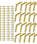 Gold finish 90 Degree Small Chest Hinges with screws, ideal for wooden boxes and cabinetry. Durable metal hardware for easy setup.