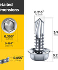 Heavy Duty Zinc Plated Sheet Metal Screws 25 Piece Set One Four By Three Quarter Inch Serrated Flange Hex Washer Head Tek Screws For Steel Iron Aluminum Rock Solid Grip Quick Install Hardware detailed dimensions display