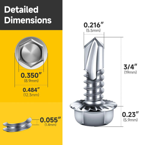 Heavy Duty Zinc Plated Sheet Metal Screws 25 Piece Set One Four By Three Quarter Inch Serrated Flange Hex Washer Head Tek Screws For Steel Iron Aluminum Rock Solid Grip Quick Install Hardware detailed dimensions display