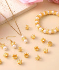 Gold Mini Crown Charms 100 Pieces, 3D Vintage Alloy Queen King Crowns Beads With Large Hole for Jewelry Making, necklace, bracelet displayed.