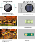 Comparison chart of Outdoor Solar Torch Lights with Realistic Flickering Flames showing solar panel, battery, and LED features.