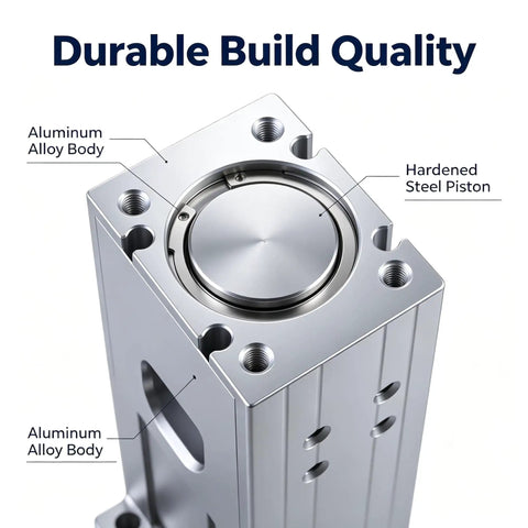 Battle Tested Heavy Hitter 90 Degree Flip Pneumatic Cylinder showing durable aluminum alloy body and hardened steel piston.