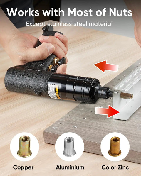 4 In 1 Pneumatic Rivet Nut Gun Set With Quick Change Nozzles For 10 To 24, One Quarter, Five Sixteenth, And Three Eighths Nutserts