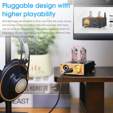 Dope U10 Mini Tube Headphone Amplifier For Home Audio HiFi Stereo Preamp on desk with headphones and book in background