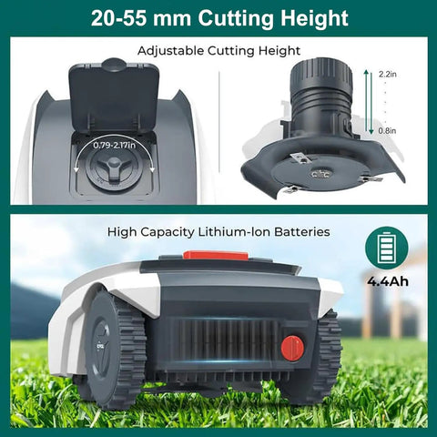 No Fuss Smart Robotic Lawn Mower For Commercial Use showing adjustable cutting height and lithium-ion battery details.