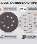 Heavy Duty 5 Inch Hook And Loop Sanding Discs With 8 Holes Premium Silicon Carbide Grit for polishing wooden and metal surfaces.