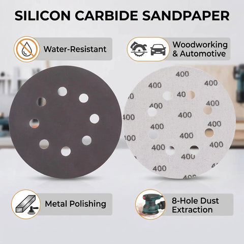 Heavy Duty 5 Inch Hook And Loop Sanding Discs With 8 Holes Premium Silicon Carbide Grit for polishing wooden and metal surfaces.
