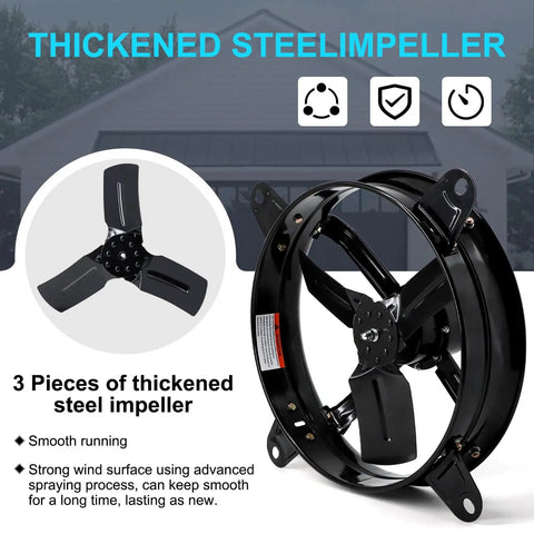 14 Inch Gable Mount Attic Fan With Adjustable Thermostat For Home Shed Garage And Portable Building No Fuss High CFM Exhaust 1510 RPM 1239 CFM Covers Up To 1850 Sq Ft, featuring thickened steel impeller for durability.