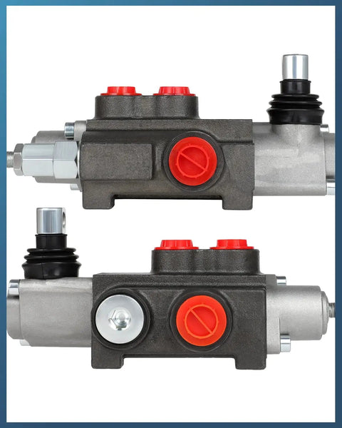 Side view of One Spool Hydraulic Flow Control Valve For Tractor Loader, 11 GPM At 3600 PSI, SAE Ports, with red knobs.