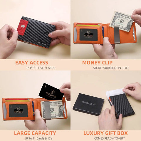 Slim Leather Money Clip Wallet For Men With RFID Blocking Front Pocket Bifold Card Holder Gift Box Included shown in use
