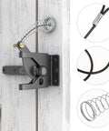 WUUWCHODC 2 Sets Spring Gate Latch Replacement Kit for Wood Fence showing stainless steel and iron components on a wooden gate.