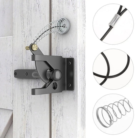WUUWCHODC 2 Sets Spring Gate Latch Replacement Kit for Wood Fence showing stainless steel and iron components on a wooden gate.