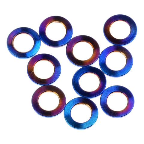 Badass Grade 5 Titanium Flat Washers For M5 Metric Bolts With Burnt Blue Finish 10 Pack shown from above, featuring vibrant colors and precise design.