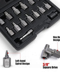 Premium 27 Piece Screw And Bolt Extractor Kit with Cr Mo steel hex heads in a black organizer case, showing left-hand spiral design.
