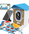 Solar Powered Bird Feeder with Camera showing 2K HD live streaming, solar panel attached, and bird on tray, ideal for backyard watching.