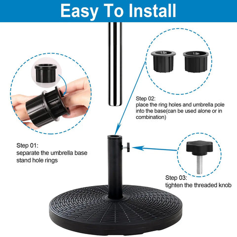 Diagram showing steps to install Umbrella Base Replacement Parts Kit With Ring Plugs And Two M8 Threaded Knobs Easy Swap