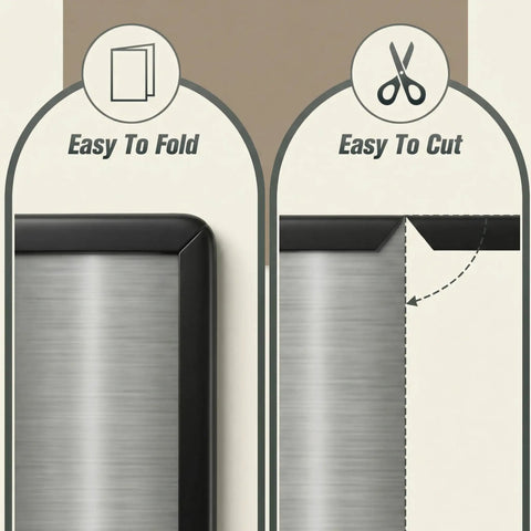 Illustration of Durable Rubber Edge Trim U Channel Edge Protector showing easy to fold and cut features with black rubber trim.