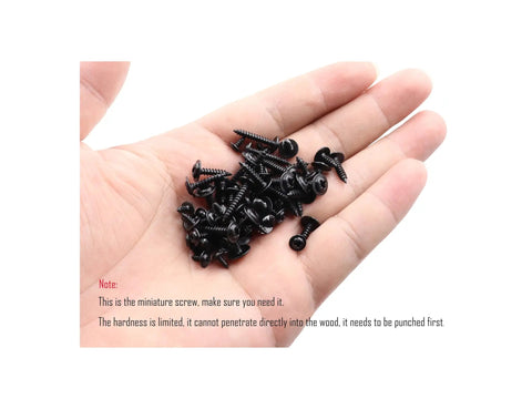 Close-up of hand holding 900 Piece Self Tapping Screw Assortment Kit, M2.3 M2.6 M3 sizes, black carbon steel finish