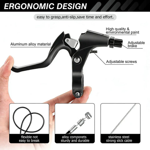 All In One Bicycle Brake Set For Front And Rear Caliper Brakes With Aluminum Alloy Levers Includes Inner And Outer Cables And Brake Housings For Kids Bikes BMX And Child Bikes Easy Install And Smooth Braking Performance, ergonomic aluminum lever, adjustable feature shown.