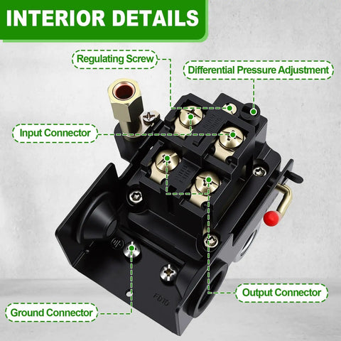 Four Port One Quarter Inch NPT Air Compressor Pressure Switch With Unloader Valve, 95-125 PSI Cutoff interior components
