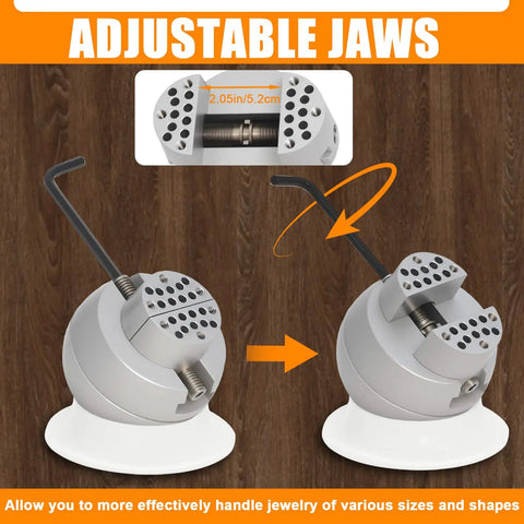 Ball Vise Engraving Block Set For Jewelry Making, 3 Inch Diameter, 360 Degree Rotation, Includes 35 Attachments, Stainless Steel Pro Grade Standard Block, Jewelers Block Vise Tool For Precise Engraving showing adjustable jaws.