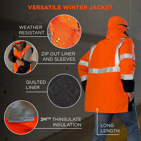 High Visibility Reflective Thermal Jacket Set With Outer Rain Shell Four In One Design For Work In Minus Thirty Fahrenheit Weather Includes Zip Off Sleeves Fleece Liner Windproof And Waterproof Protection, man wearing orange jacket with reflective stripes and hood