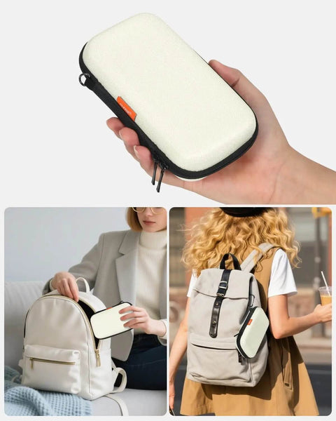 Small Hard Shell Tech Organizer Pouch Portable Carrying Case for Electronics in a hand and backpack for convenience.