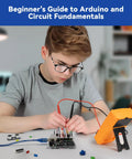 Beginner Friendly Arduino Uno R3 Lab Starter Kit With Multimeter being used by a boy, showcasing hands-on learning.