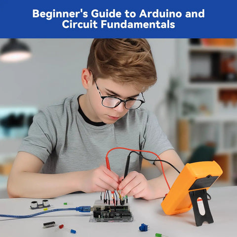 Beginner Friendly Arduino Uno R3 Lab Starter Kit With Multimeter being used by a boy, showcasing hands-on learning.