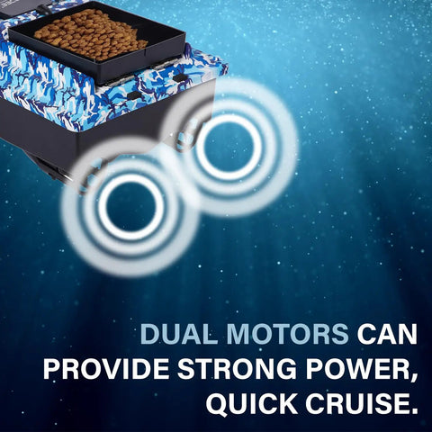 RC Fishing Bait Boat With Precision Long-Range Delivery, 4.4 Lb Capacity, dual motors highlighted, blue camouflage detail
