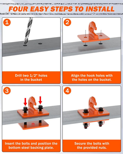 Installation steps for Two Pack 3/8 Inch Tractor Bucket Grab Hooks With Backer Plate