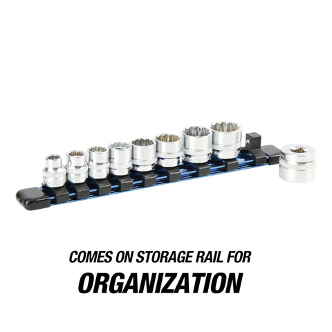 Stubby Socket Set 9-Piece SAE 12-Point 3/8 Drive Sockets With Hard Chrome Finish displayed on a storage rail for organization.