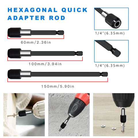 Flexible Drill Bit Extension Set All In One 19 Pieces With One Quarter, Three Eighths, One Half Inch Universal Socket Adapters, Bendable Extensions, showcasing hexagonal quick adapter rods of 60mm, 100mm, 150mm sizes