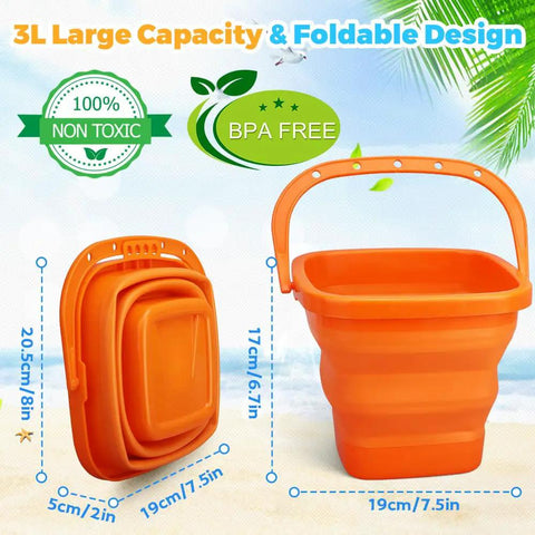 Collapsible Silicone Beach Bucket Large Pail For Sand And Water Play Kid And Adult Friendly shown folded and expanded