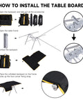 Installation guide for All In One Camping Backpack Table Kit With Aviation Aluminum Frame, showing steps to setup frame and backpack.