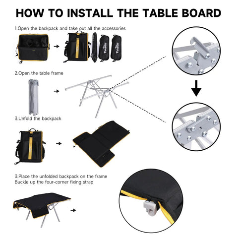Installation guide for All In One Camping Backpack Table Kit With Aviation Aluminum Frame, showing steps to setup frame and backpack.
