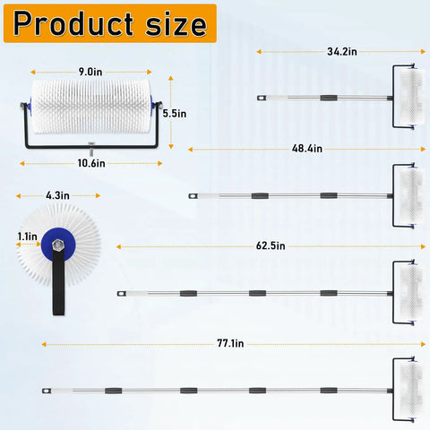 Spike Roller For Self Leveling Cement Kit Featuring A 9 Inch Screed Spiked Roller With A 77 Inch Extension Pole size diagram