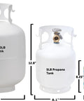 Comparison of 20LB, 5Lb Steel Propane Tank With Built In Gauge And OPD Valve For Grills And BBQs Camping And Fishing Outdoor Adventures, and 1LB cylinder