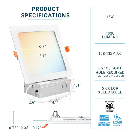 Product specifications for 12 Pack 6 Inch Ultra Thin LED Recessed Canless Wafer Panels With Junction Box, 5 Color Temperature Switchable 2700K To 5000K, 12W Dimmable, IC Rated And ETL Listed, Slim 0.25 Inch Profile For Easy Home Or Office Installation.
