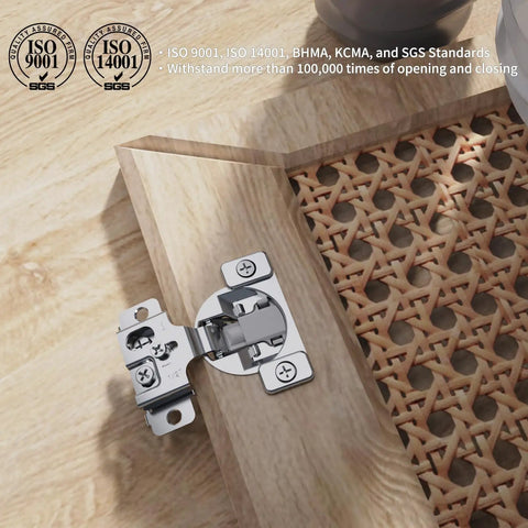 Rock Solid Quarter Inch Overlay 3D Soft Close Concealed Hinges For Kitchen Cabinets With Slow Drop Action And Satin Nickel Finish Works Like A Dream Quick Install Face Frame Hardware installed on wooden cabinet.