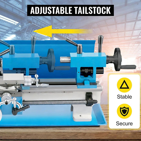 Adjustable tailstock of Badass Seven By Fourteen Inch Bench Top Metal Lathe With Zero To Two Thousand Five Hundred Variable Speed RPM.