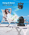 30000mAh Solar Camping Fan With 10W Solar Panel on beach, person on lounger, showcasing hang and stand methods