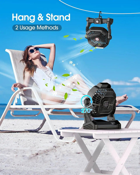 30000mAh Solar Camping Fan With 10W Solar Panel on beach, person on lounger, showcasing hang and stand methods